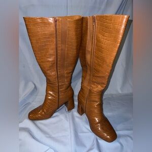 Gorgeous Cognac Croc-Embossed Knee-High Boots-Size 9 extra wide calf